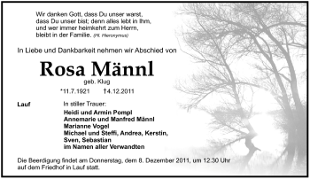 Traueranzeige von Rosa Männl von Pegnitz-Zeitung